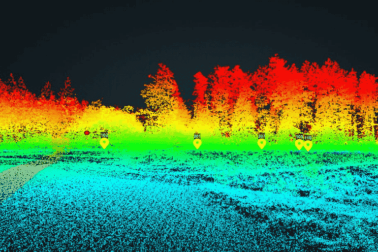 LiDAR point cloud showing terrain and vegetation in colorized elevation data for drone mapping example