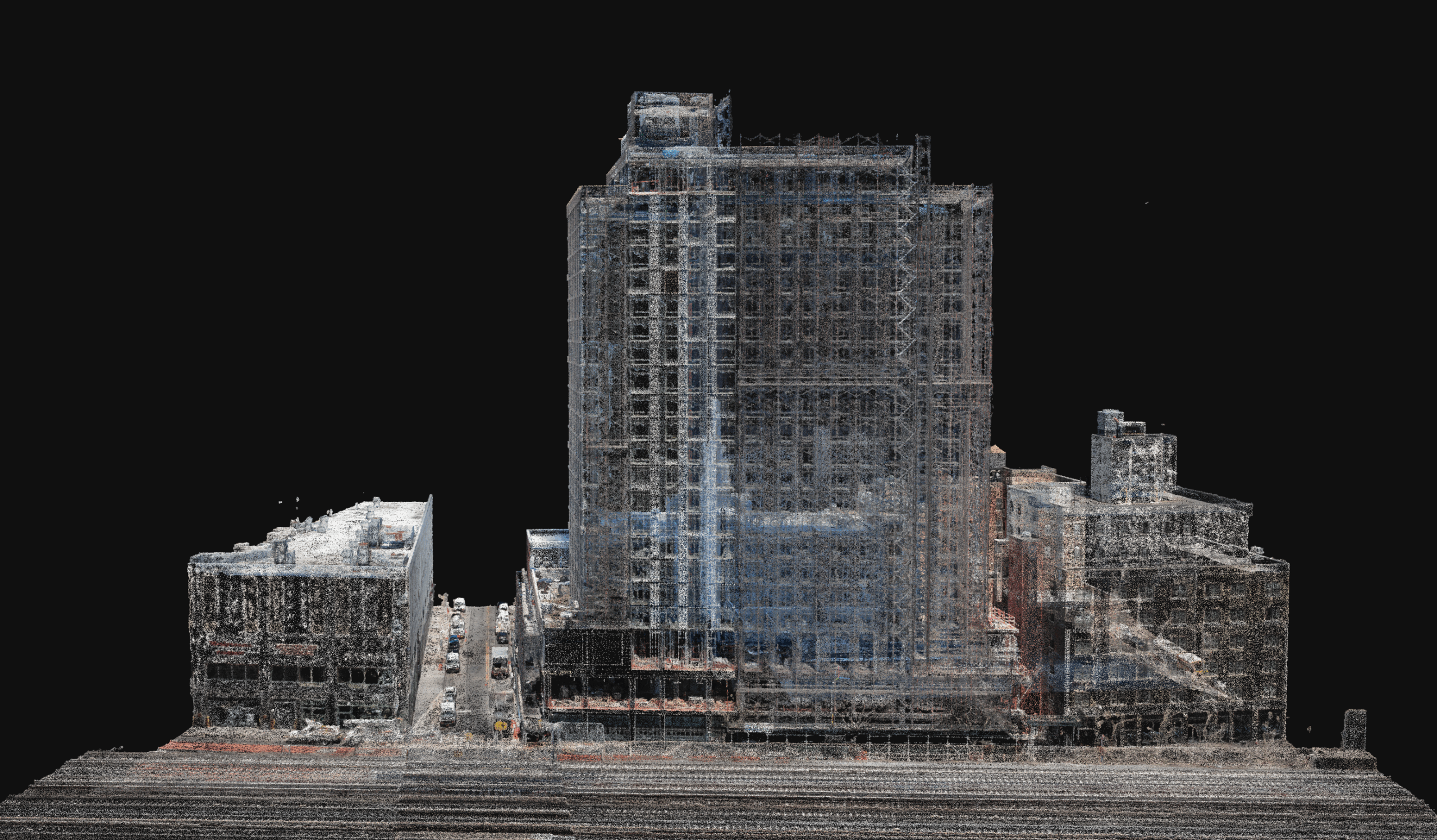 Photograph of a point cloud visualization of an urban building